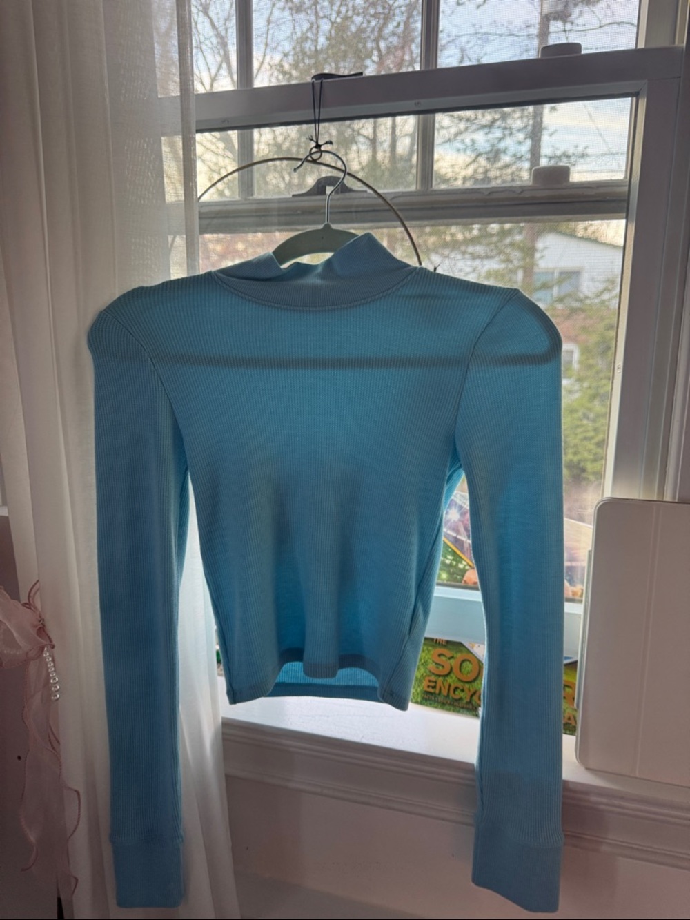 American Eagle light Blue Ribbed Mock Neck Long-Sleeve Top
